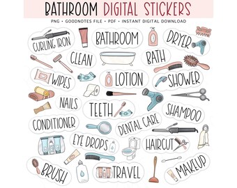 BATHROOM Digital Stickers for GoodNotes, Pre-cropped Digital Planner Stickers, GoodNotes Stickers, Bonus Stickers