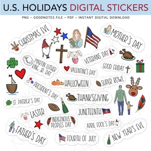 May include: Digital sticker set featuring illustrations for U.S. holidays, including Christmas Eve, Valentine's Day, and Fourth of July. The stickers are in various shapes and sizes, with images of a flag, a turkey, and a football. The text "U.S. HOLIDAYS DIGITAL STICKERS" is at the top.