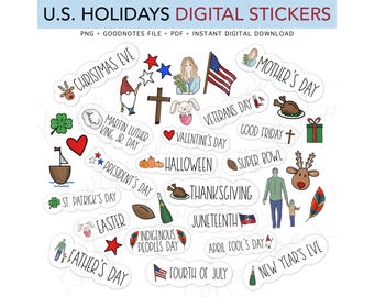 NATIONAL U.S. HOLIDAYS Digital Stickers, Federal National Holidays Pre-cropped Digital Planner Stickers, GoodNotes Stickers, Bonus Stickers