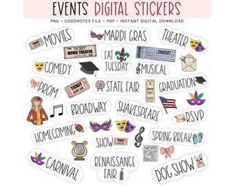 ENTERTAINMENT Digital Planner Stickers, GoodNotes Stickers, Event Pre-cropped Digital Stickers for GoodNotes, Bonus Stickers