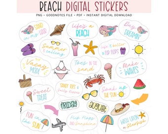 BEACH Digital Stickers for GoodNotes, Vacation Pre-cropped Digital Planner Stickers, GoodNotes Stickers, Bonus Stickers