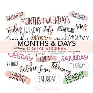 Pode incluir: Autocolantes digitais com as palavras "Meses e Dias" e vários meses e dias da semana em fonte manuscrita. Os autocolantes são numa variedade de cores e formas, com o texto "Bestseller DIGITAL STICKERS" no centro.