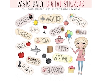 BASIC DAILY Digital Stickers for GoodNotes, Colorful Everyday Pre-cropped Digital Planner Stickers, GoodNotes Stickers, Bonus Stickers