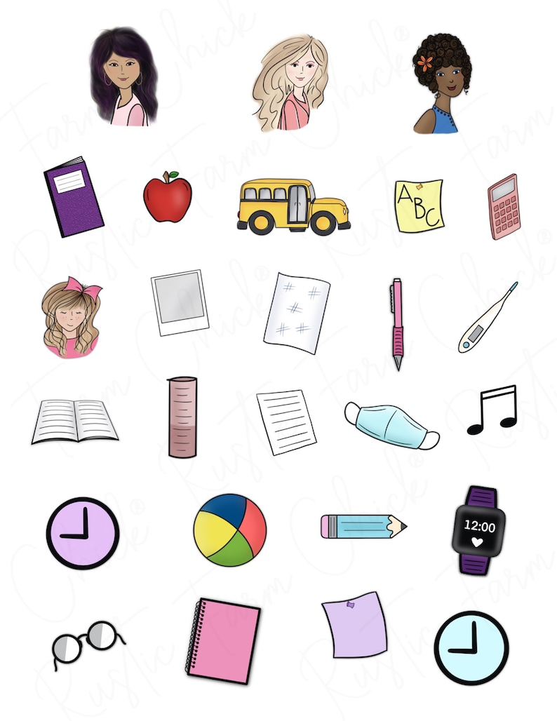 Pu&ograve; includere: Una collezione di illustrazioni colorate con oggetti scolastici e ritratti di ragazze. Include un autobus scolastico giallo, una mela rossa, un quaderno, una matita, una calcolatrice e uno smartwatch.