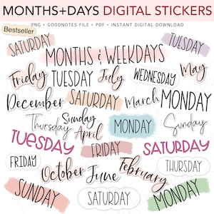 MAANDEN EN WEEKDAGEN Digitale stickers, basiskalender voorgesneden digitale planner woorden stickers, GoodNotes-stickers, bonusstickers