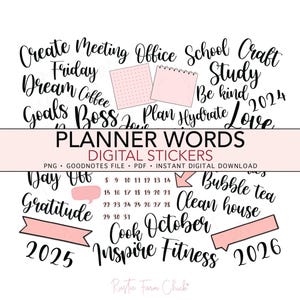 May include: Digital planner stickers with words like "Create," "Goals," and "Love" in black script. Includes pink sticky notes, banners, and a calendar. The text "PLANNER WORDS DIGITAL STICKERS" is also present.
