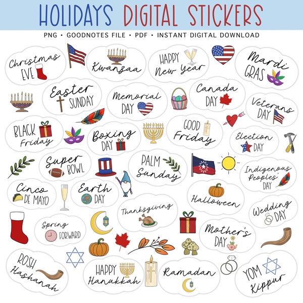 HOLIDAYS Digital Planner Stickers, National Holidays, Religious Holidays, Pre-cropped Digital Stickers for GoodNotes, Bonus Stickers