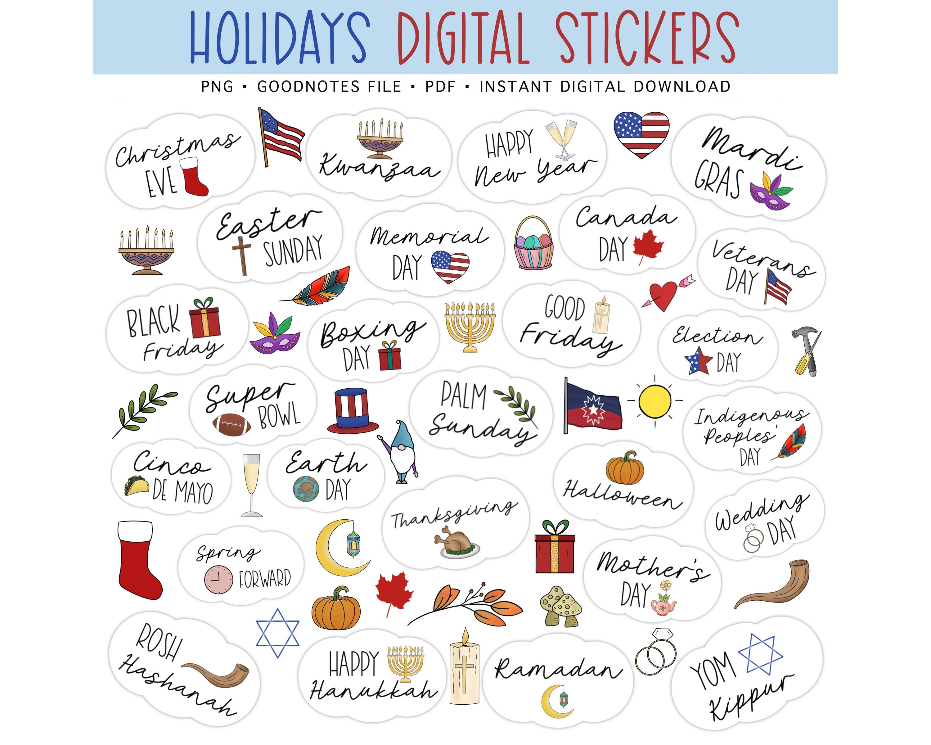 HOLIDAYS Digital Planner Stickers, National Holidays, Religious Holidays,  Pre-cropped Digital Stickers for Goodnotes, Bonus Stickers 