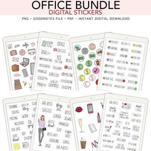 May include: An office bundle digital stickers set displayed on tablets. The stickers feature office-related icons and text, including financial symbols, office supplies, and motivational phrases. The text "OFFICE BUNDLE DIGITAL STICKERS" is at the top.