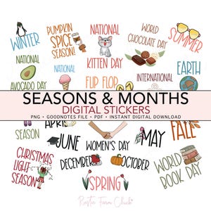 May include: Digital stickers featuring seasonal and monthly themes. Includes illustrations of a penguin, avocado, ice cream, sunglasses, and more. Text includes "Seasons & Months," "Winter," "Summer," and "World Chocolate Day."