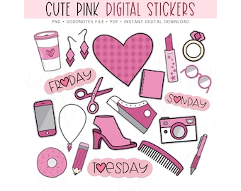 CUTE PINK Digital Planner Stickers, GoodNotes Stickers, Pre-cropped Digital Stickers for GoodNotes, Bonus Stickers