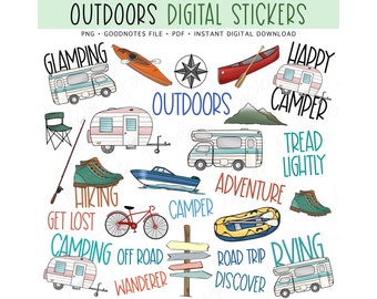 OUTDOORS Digital Stickers for GoodNotes, Camping Pre-cropped Digital Planner Stickers, GoodNotes Stickers, Bonus Stickers