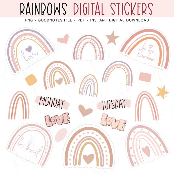 RAINBOWS & LOVE Digital Planner Stickers, Pre-cropped Digital Stickers for GoodNotes, Bonus Stickers