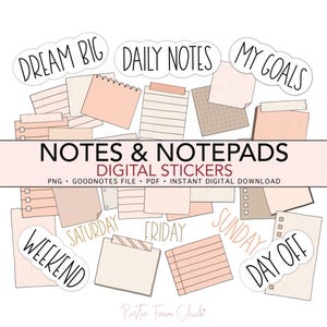 Könnte beinhalten: Digitale Aufkleber mit Notizblock-Designs in Beige- und Pfirsichtönen. Die Aufkleber enthalten Sätze wie "Dream Big", "Daily Notes" und "My Goals". Zusätzliche Aufkleber zeigen Wochentage und "Day Off".