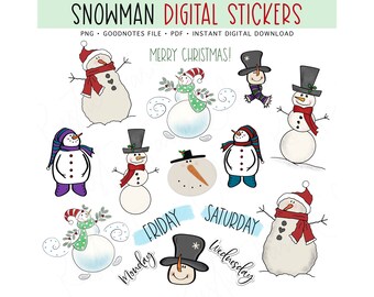 SNOWMAN Digital Planner Stickers, Christmas Holiday Pre-cropped Digital Stickers, GoodNotes Stickers, Printable Stickers, Bonus Stickers