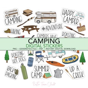 CAMPING Digitale Aufkleber, Outdoor-Thema, vorgeschnittene digitale Planer-Aufkleber, RV, Rucksack, Wandern, GoodNotes-Aufkleber, Bonus-Aufkleber