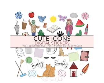 ASSORTED ICONS & Widgets, Pre-cropped Digital Planner Stickers, GoodNotes Stickers, Bonus Stickers