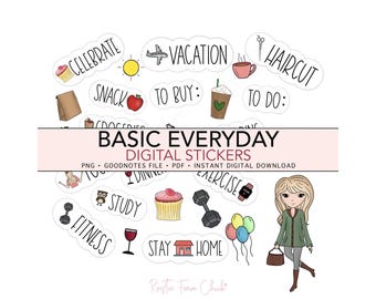 BASIC EVERYDAY Stickers, Pre-cropped Digital Planner Stickers, GoodNotes, iPad & Android, Bonus Stickers