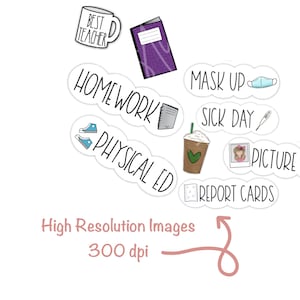 Pu&ograve; includere: Una collezione di adesivi a tema scolastico. Include una tazza con "Best Teacher", un quaderno viola glitterato e frasi come "Homework", "Physical Ed" e "Report Cards". Include anche una tazza di caff&egrave; e una foto.