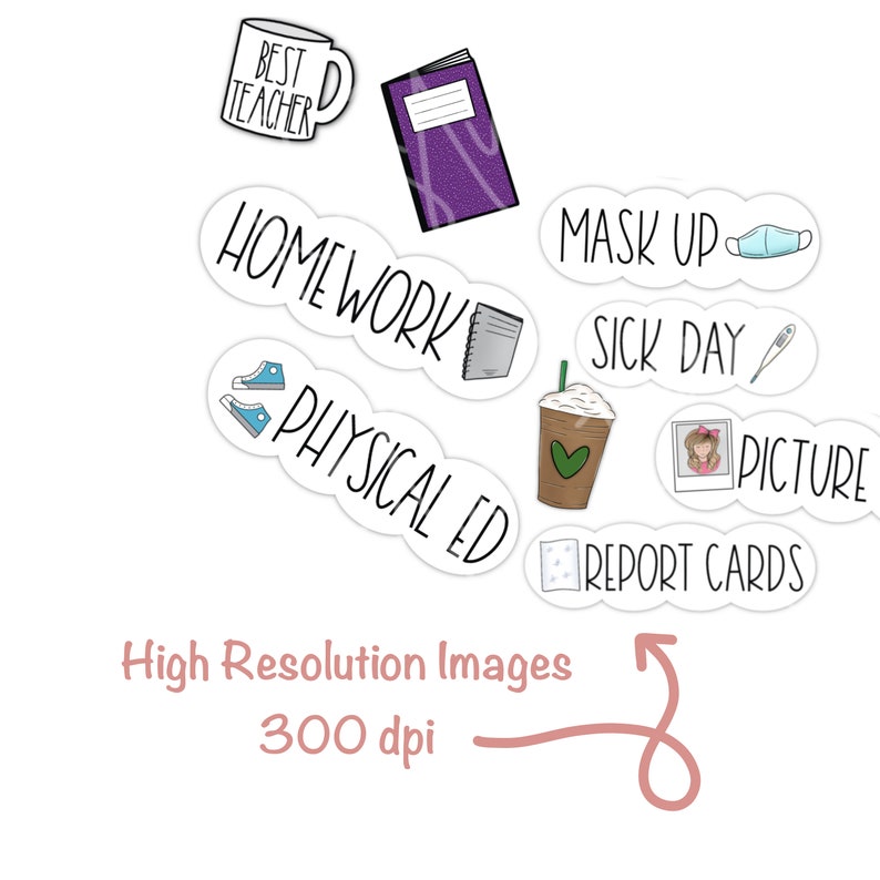 Pu&ograve; includere: Una collezione di adesivi a tema scolastico. Include una tazza con "Best Teacher", un quaderno viola glitterato e frasi come "Homework", "Physical Ed" e "Report Cards". Include anche una tazza di caff&egrave; e una foto.
