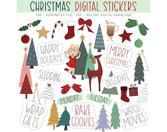 CHRISTMAS Digital Stickers for GoodNotes, Winter Holiday Pre-cropped Digital Planner Stickers, Bonus Stickers