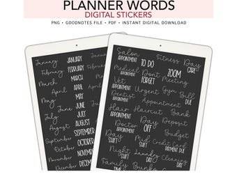 PLANNER WORDS (Dark Mode) Digital Stickers for GoodNotes, Basic Calendar Stickers, Pre-cropped Digital Planner Stickers, Bonus Stickers
