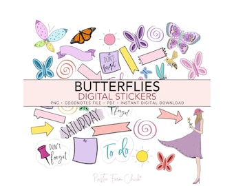 BUTTERFLIES Pre-cropped Digital Planner Stickers, GoodNotes Stickers, Bonus Stickers