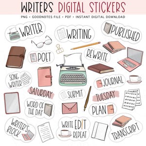 WRITERS Digital Stickers, GoodNotes Stickers, Writing Pre-cropped Digital Planner Stickers, Bonus Stickers