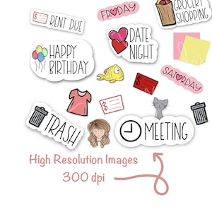 May include: A collection of colorful stickers with various designs and text. Includes stickers with the words "Happy Birthday," "Date Night," "Grocery Shopping," and "Meeting." Other stickers feature a dress, a cat, and a trash can.