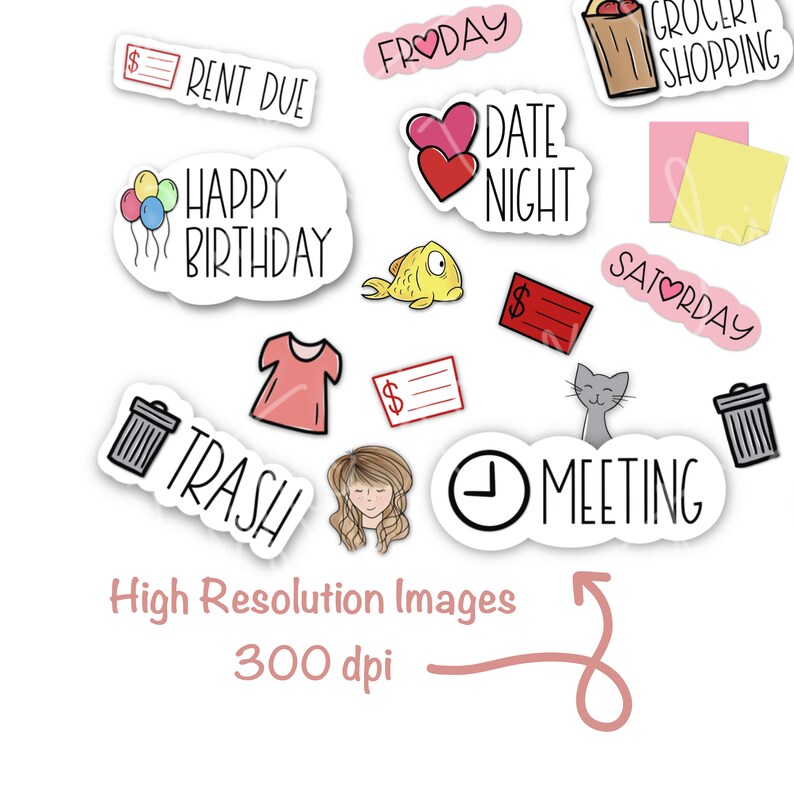 May include: A collection of colorful stickers with various designs and text. Includes stickers with the words "Happy Birthday," "Date Night," "Grocery Shopping," and "Meeting." Other stickers feature a dress, a cat, and a trash can.