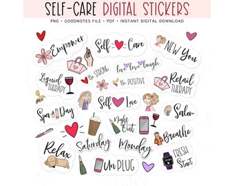 SELF CARE Digital Stickers for GoodNotes, Self Love Pre-cropped Digital Planner Stickers, Bonus Stickers