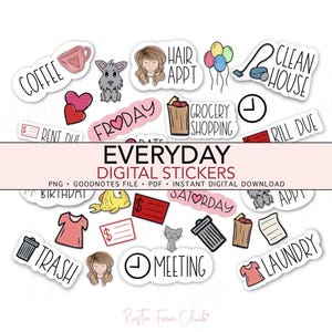 May include: A collection of digital stickers with various illustrations and text labels. The stickers include icons for coffee, a dog, a heart, a trash can, and the text "EVERYDAY DIGITAL STICKERS".