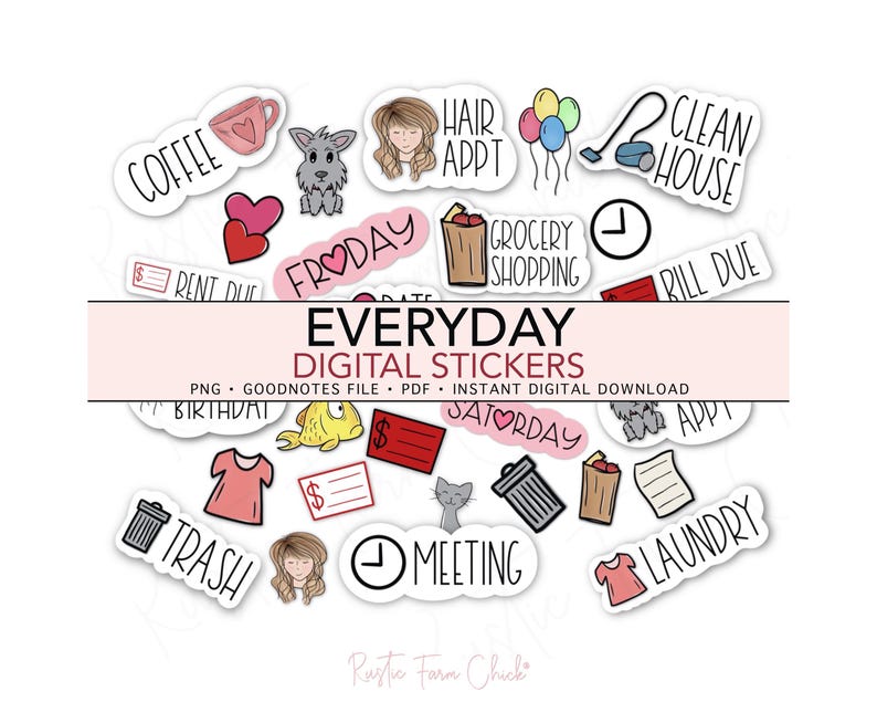 May include: A collection of digital stickers with various illustrations and text labels. The stickers include icons for coffee, a dog, a heart, a trash can, and the text "EVERYDAY DIGITAL STICKERS".