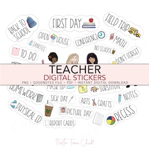 Pegatinas digitales para planificador de profesores, pegatinas digitales precortadas con temática de aula escolar, planificador GoodNotes, pegatinas de regalo.
