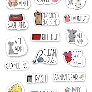 May include: A collection of white stickers with black outlines, featuring various illustrations and text. The stickers include images of a coffee cup, a shopping bag, a cat, and text such as "Hair Appt" and "Happy Birthday".