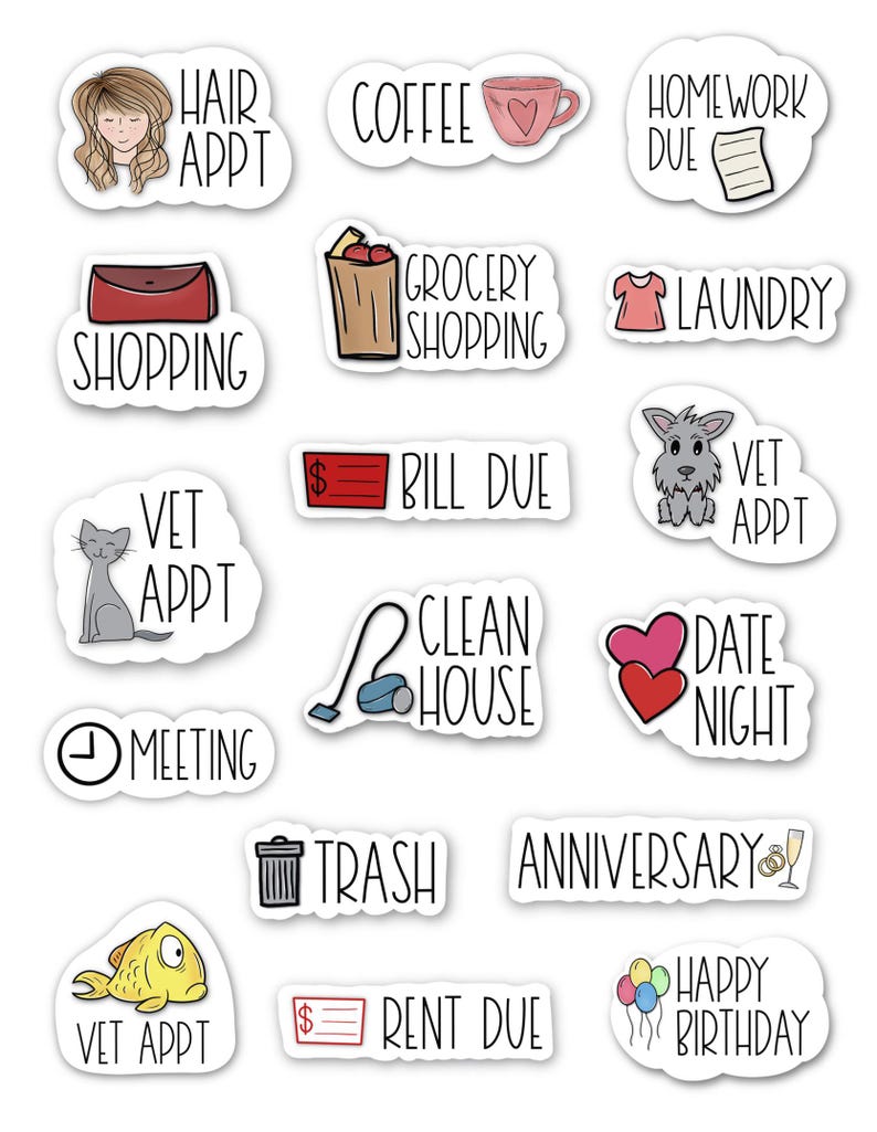 May include: A collection of white stickers with black outlines, featuring various illustrations and text. The stickers include images of a coffee cup, a shopping bag, a cat, and text such as "Hair Appt" and "Happy Birthday".