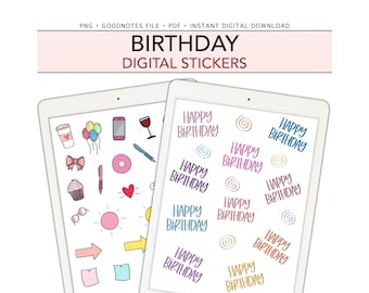 BIRTHDAY Digital Stickers for GoodNotes, Pre-cropped Digital Planner Stickers, Bonus Stickers