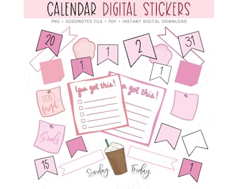 CALENDAR Pink Numbers Digital Stickers, GoodNotes Stickers, Pre-cropped Digital Planner Stickers, Bonus Stickers