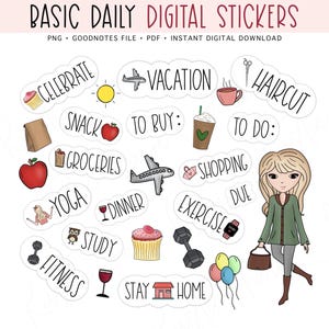Stickers numériques BASIC QUOTIDIEN, Stickers agenda numérique prérecadrés, Stickers GoodNotes, Stickers bonus