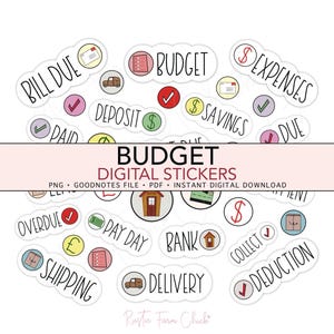 May include: Digital budget stickers with various financial terms like "Bill Due," "Budget," and "Expenses." The stickers are in a whimsical style with a white background and colorful accents. The text "Budget Digital Stickers" is also present.