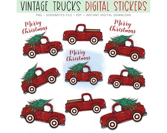 RED VINTAGE Trucks Printable Digital Stickers, Holiday Planner Stickers for GoodNotes, Christmas Stickers, Bonus Stickers