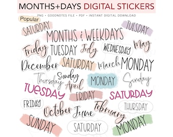 MONTHS & WEEKDAYS Digital Stickers, Basic Calendar Pre-cropped Digital Planner Words Stickers, GoodNotes Stickers, Bonus Stickers