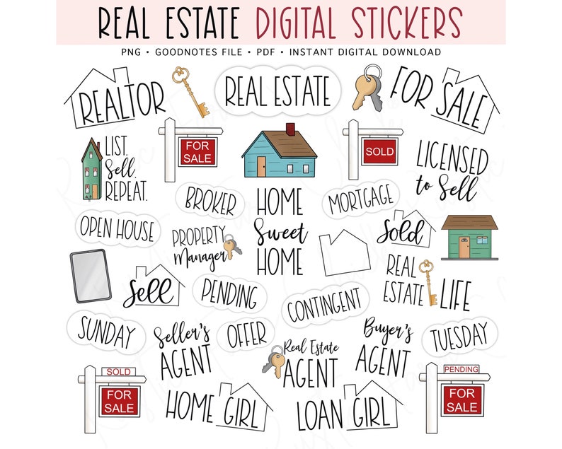 REAL ESTATE Digital Planner Stickers, Pre-cropped Digital Stickers for GoodNotes, Bonus Stickers image 1