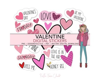 VALENTINE’S DAY Digital Stickers, Cute Hearts Pre-cropped Digital Planner Stickers, GoodNotes Stickers, Bonus Stickers