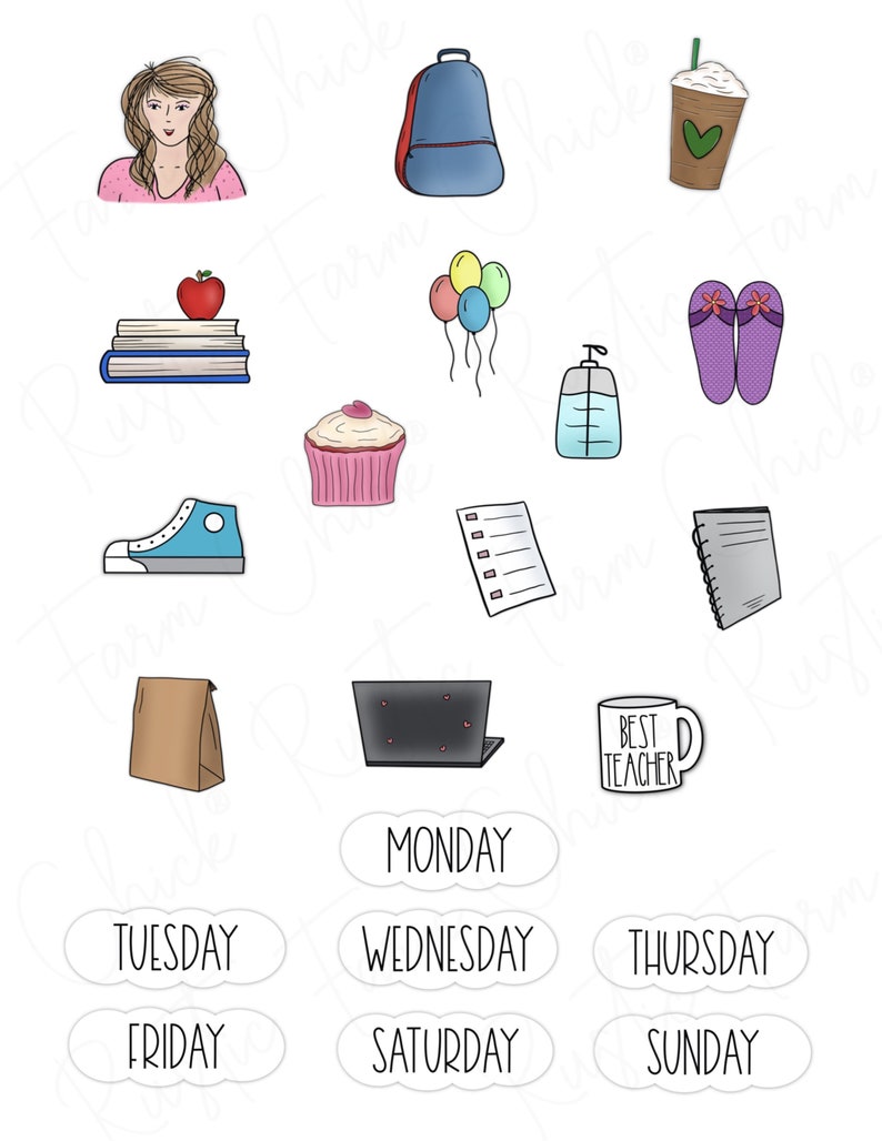 Pu&ograve; includere: Una collezione di adesivi illustrati a tema scuola e insegnanti. Include uno zaino, libri con una mela, un cupcake, un laptop, una tazza di caff&egrave; ed etichette dei giorni della settimana. Gli adesivi sono in vari colori.