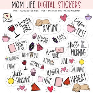 Mom Life Digital Stickers: GoodNotes Planner, Journal Clipart (PNG, PDF)