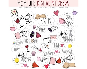MOM LIFE Digital Stickers, GoodNotes Stickers, Pre-cropped Digital Planner Stickers, Bonus Stickers