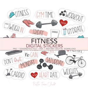 May include: A collection of digital fitness stickers with illustrations of workout equipment, shoes, and phrases like "Gym Time" and "Hydrate." The stickers are in a variety of colors and shapes, perfect for digital planning.