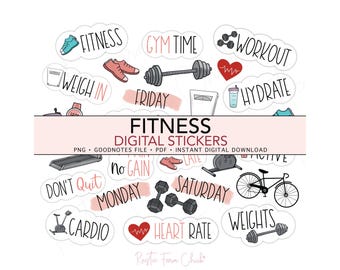 FITNESS & EXERCISE Digital Stickers, Gym Workout Pre-cropped Digital Planner Stickers, GoodNotes, Bonus Stickers