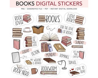 BOOKS, Reading Bookish Pre-cropped Digital Planner Stickers, GoodNotes Stickers, Bonus Stickers